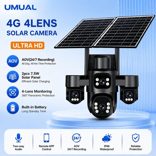 Four Lens, four view 4G solar CCTV camera